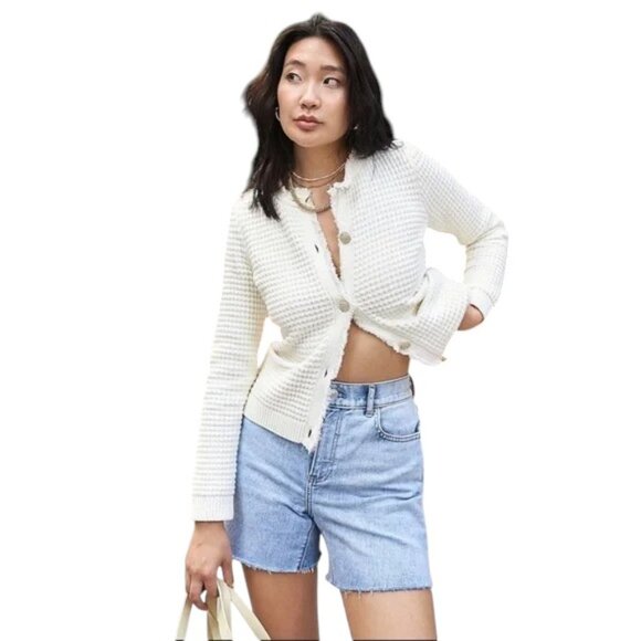 EXPRESS TEXTURED FRINGE BUTTON FRONT SWEATER CARDIGAN - Picture 2 of 5